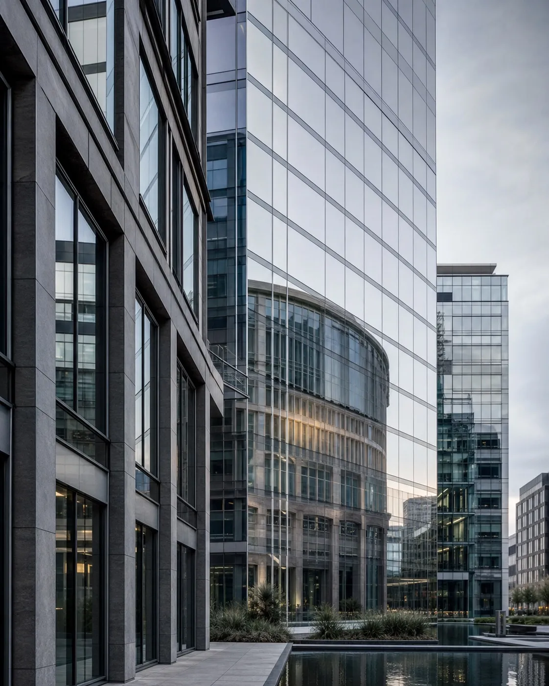Arquitetura corporativa europeia refletida em vidro
